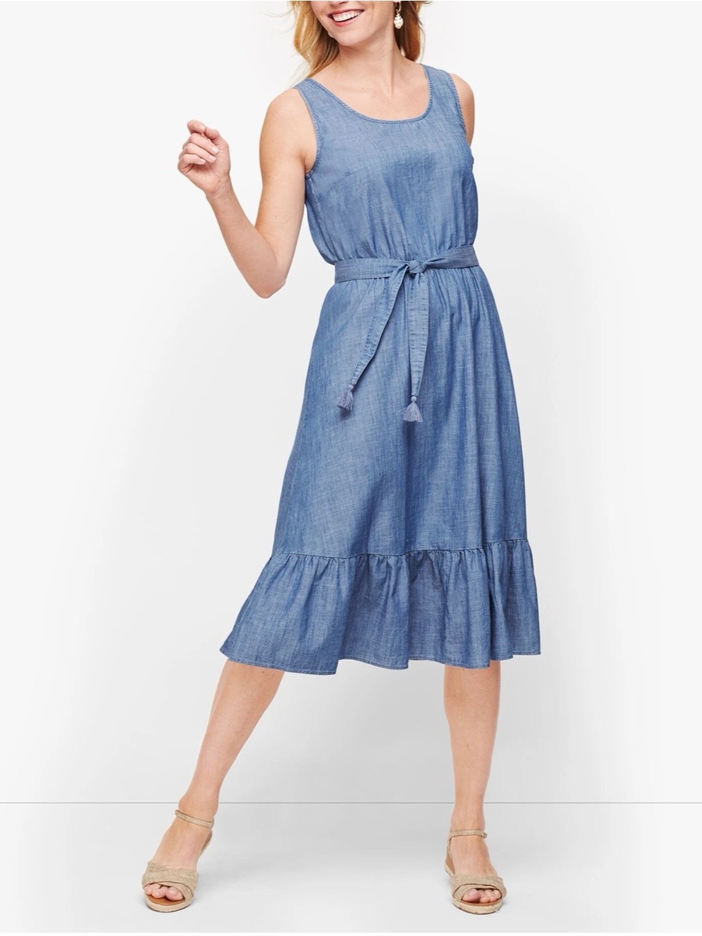 Talbots Chambray Tie-Waist Midi Dress Denim Flounce Hem Sleeveless 12 $149